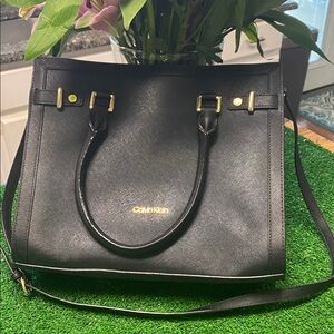 Calvin Klein Black Structured Satchel Bag w/ Top Handles & Crossbody Strap